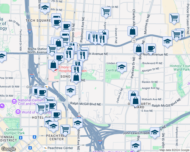 map of restaurants, bars, coffee shops, grocery stores, and more near 10 Gilbert Trail Northeast in Atlanta