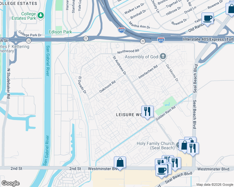 map of restaurants, bars, coffee shops, grocery stores, and more near in Seal Beach