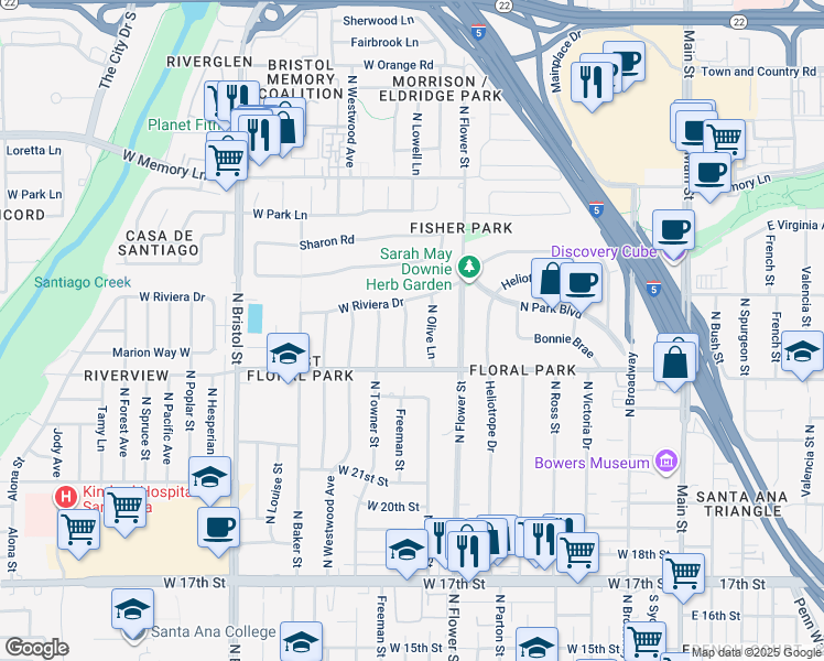 map of restaurants, bars, coffee shops, grocery stores, and more near 2333 North Lowell Lane in Santa Ana