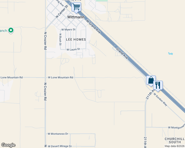 map of restaurants, bars, coffee shops, grocery stores, and more near 21508 West Lone Mountain Road in Wittmann