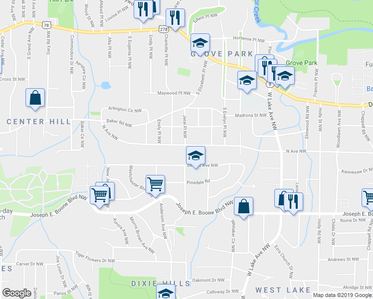 map of restaurants, bars, coffee shops, grocery stores, and more near 1890 North Avenue Northwest in Atlanta