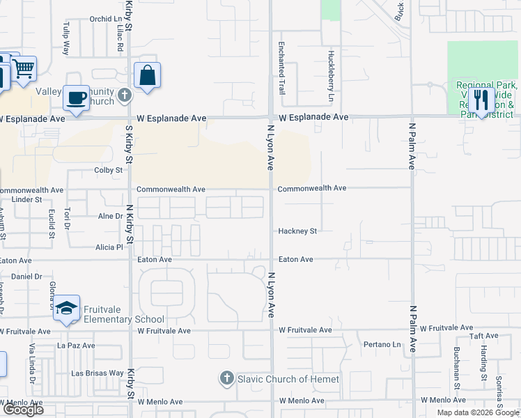 map of restaurants, bars, coffee shops, grocery stores, and more near 1250 North Kirby Street in Hemet