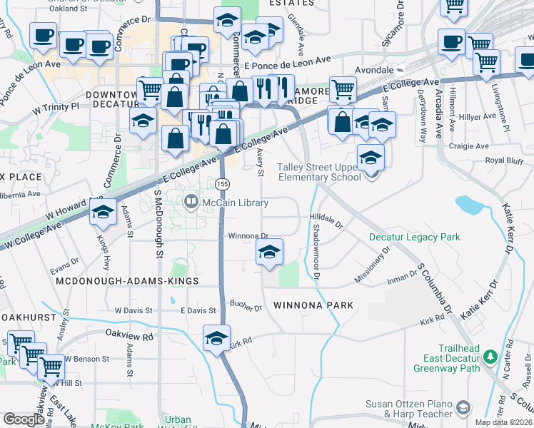 map of restaurants, bars, coffee shops, grocery stores, and more near 123 Hilldale Drive in Decatur