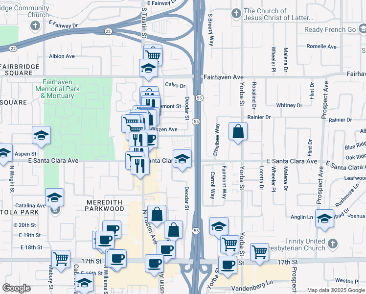 map of restaurants, bars, coffee shops, grocery stores, and more near 2343 East Santa Clara Avenue in Santa Ana
