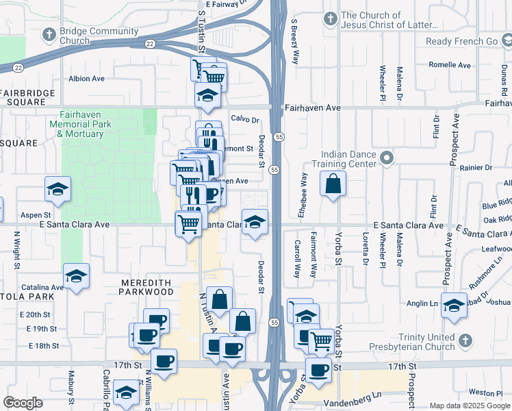 map of restaurants, bars, coffee shops, grocery stores, and more near 2343 East Santa Clara Avenue in Santa Ana