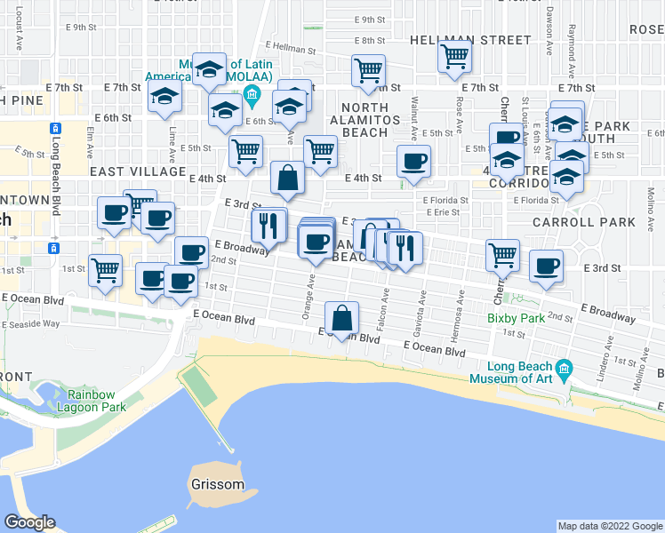 map of restaurants, bars, coffee shops, grocery stores, and more near 1232 East Broadway in Long Beach