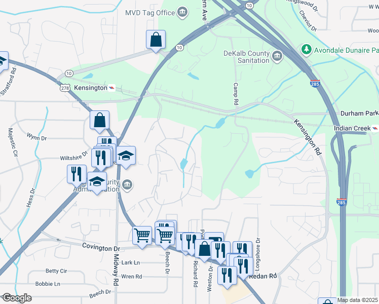map of restaurants, bars, coffee shops, grocery stores, and more near 3539 East Clubhouse Circle in Decatur