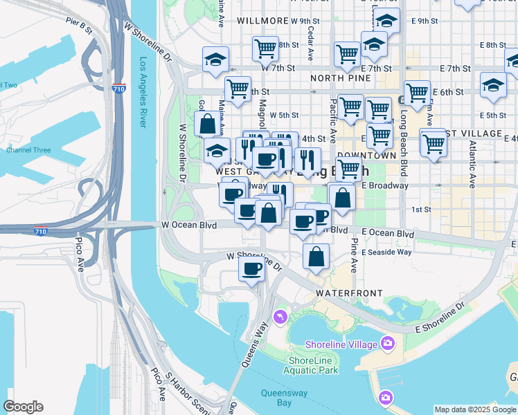 map of restaurants, bars, coffee shops, grocery stores, and more near 101 Magnolia Avenue in Long Beach
