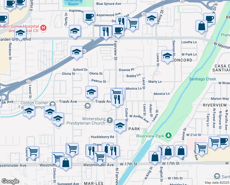 map of restaurants, bars, coffee shops, grocery stores, and more near 12951 Fairview Street in Garden Grove