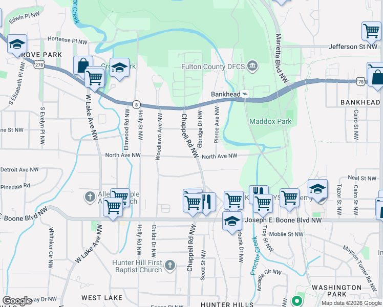 map of restaurants, bars, coffee shops, grocery stores, and more near in Atlanta