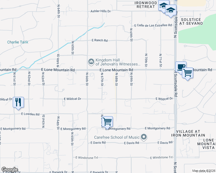 map of restaurants, bars, coffee shops, grocery stores, and more near 31039 North 67th Street in Cave Creek