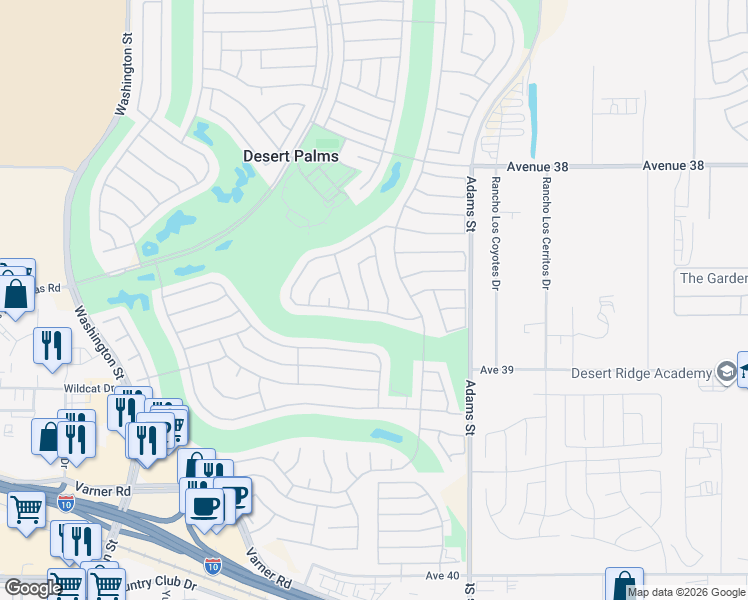 map of restaurants, bars, coffee shops, grocery stores, and more near 38650 Orangecrest Road in Palm Desert