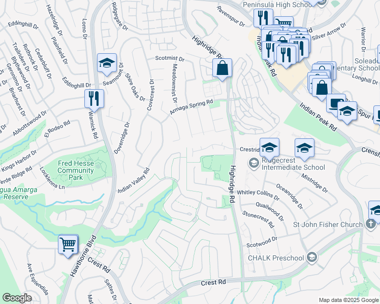 map of restaurants, bars, coffee shops, grocery stores, and more near 41 Hillcrest Meadows in Rolling Hills Estates
