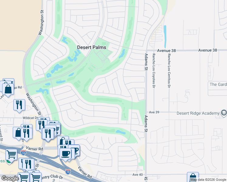 map of restaurants, bars, coffee shops, grocery stores, and more near 38635 Orangecrest Road in Palm Desert