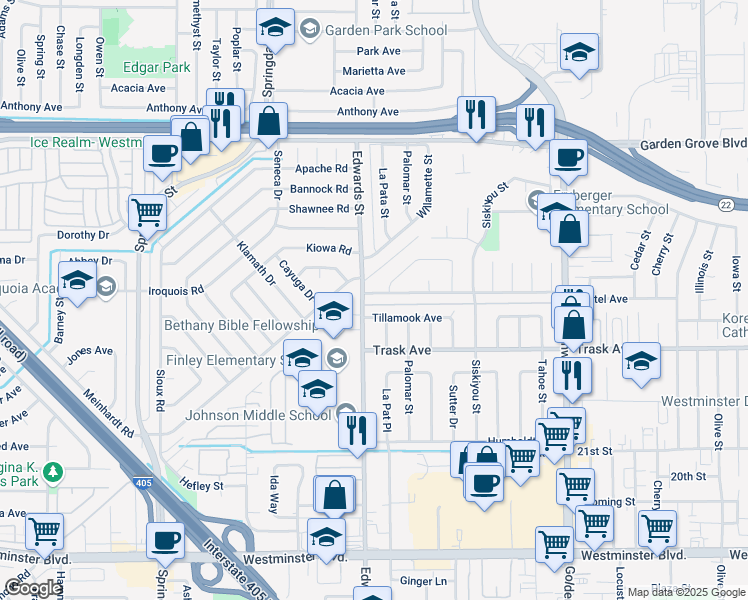 map of restaurants, bars, coffee shops, grocery stores, and more near 6532 Bestel Avenue in Westminster