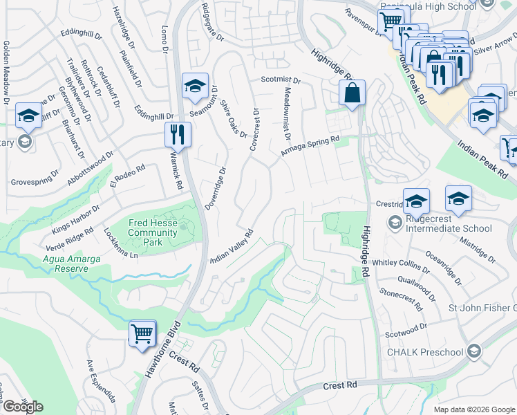 map of restaurants, bars, coffee shops, grocery stores, and more near 29121 Indian Valley Road in Rancho Palos Verdes