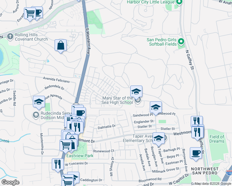 map of restaurants, bars, coffee shops, grocery stores, and more near 1473 Reef Lane in Los Angeles