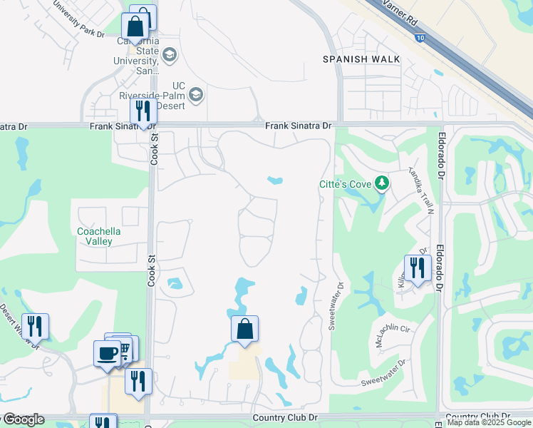 map of restaurants, bars, coffee shops, grocery stores, and more near 170 Torrey Pine Drive in Palm Desert