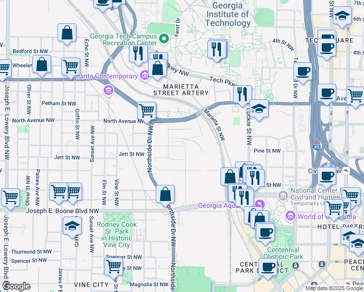 map of restaurants, bars, coffee shops, grocery stores, and more near 417 Cameron Madison Alexander Boulevard Northwest in Atlanta
