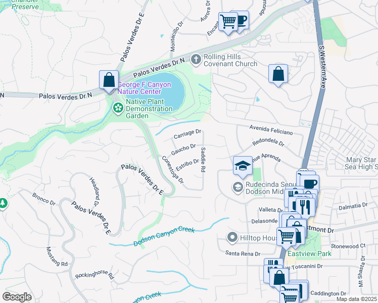 map of restaurants, bars, coffee shops, grocery stores, and more near 16 Gaucho Drive in Rolling Hills Estates