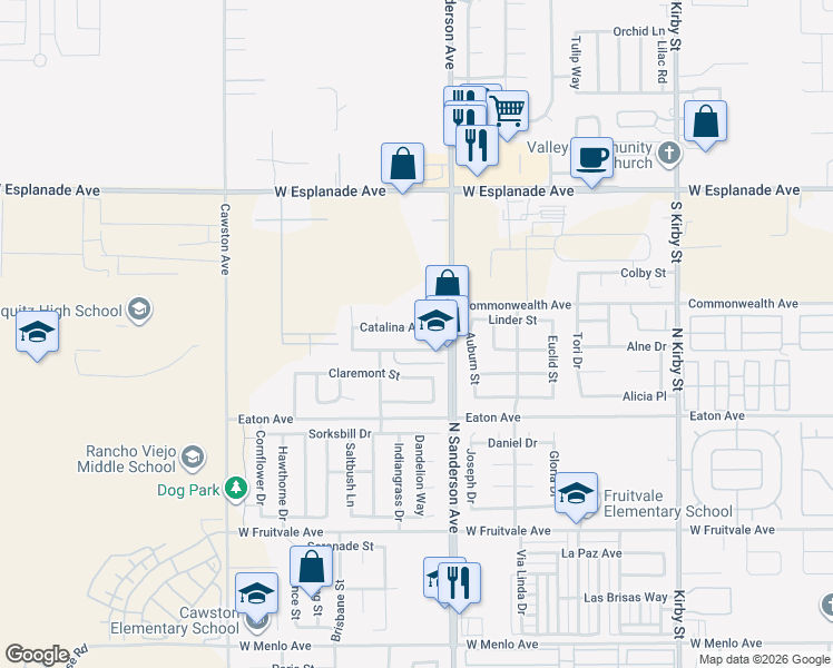 map of restaurants, bars, coffee shops, grocery stores, and more near 3429 Catalina Avenue in Hemet