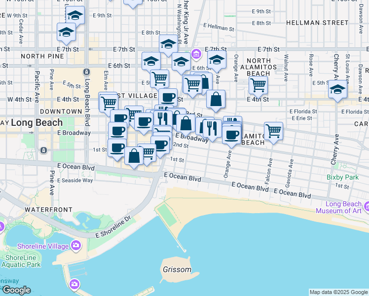 map of restaurants, bars, coffee shops, grocery stores, and more near 958 2nd Street in Long Beach