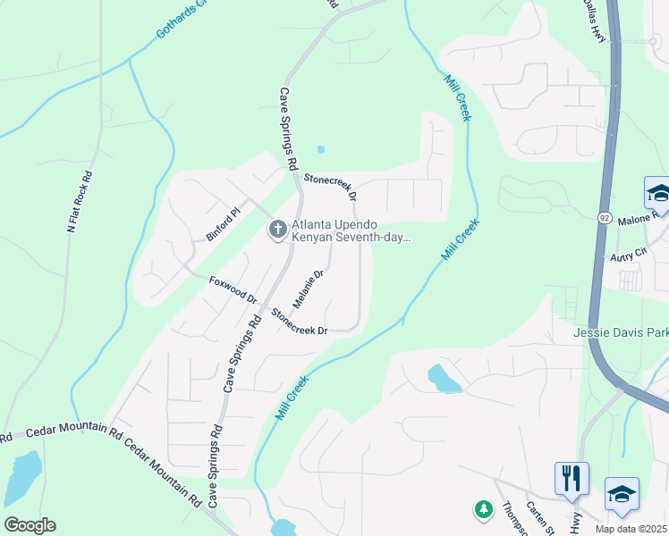 map of restaurants, bars, coffee shops, grocery stores, and more near 7756 Melanie Drive in Douglasville