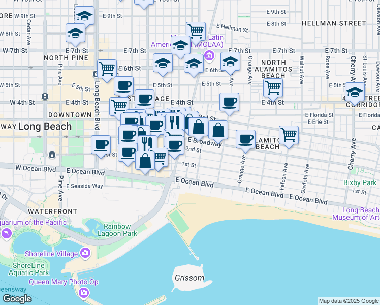 map of restaurants, bars, coffee shops, grocery stores, and more near 932 2nd Street in Long Beach
