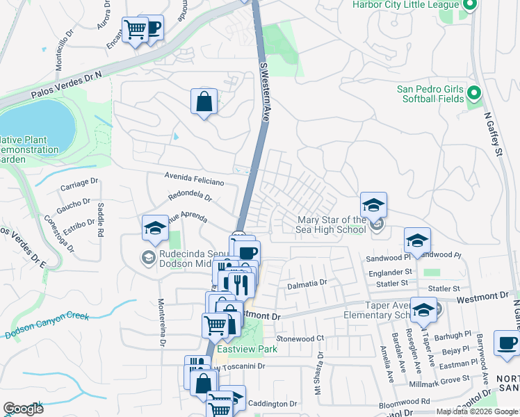 map of restaurants, bars, coffee shops, grocery stores, and more near 1669 Yorktown Lane in Los Angeles