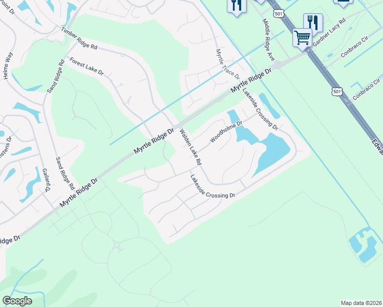 map of restaurants, bars, coffee shops, grocery stores, and more near 224 Walden Lake Road in Conway