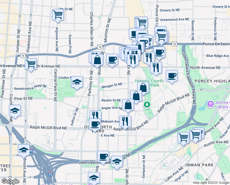 map of restaurants, bars, coffee shops, grocery stores, and more near 537 Winton Terrace Northeast in Atlanta