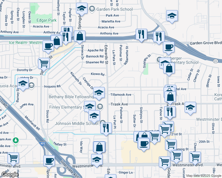 map of restaurants, bars, coffee shops, grocery stores, and more near 6532 Bestel Avenue in Westminster