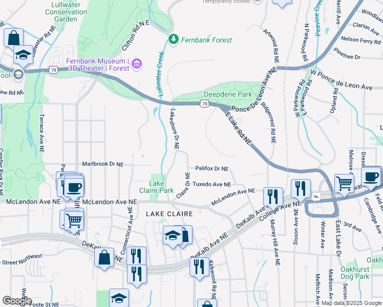 map of restaurants, bars, coffee shops, grocery stores, and more near 509 Claire Drive Northeast in Atlanta