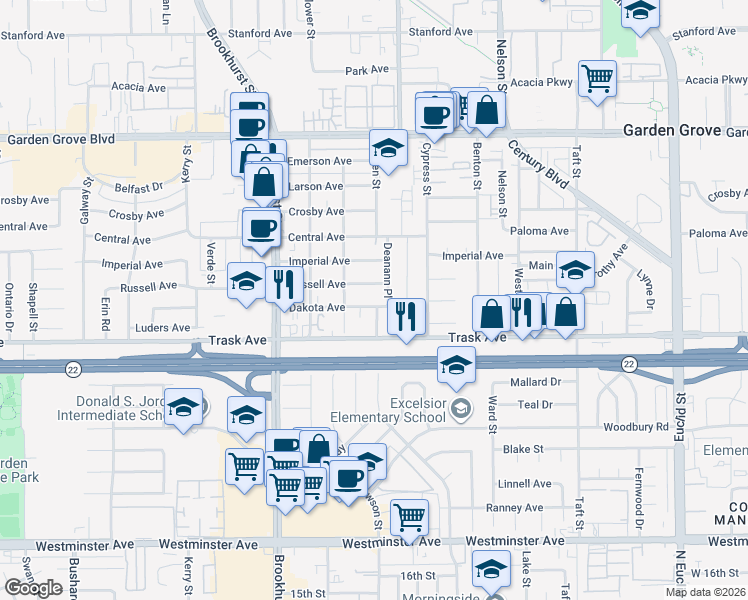 map of restaurants, bars, coffee shops, grocery stores, and more near 10231 Dakota Avenue in Garden Grove