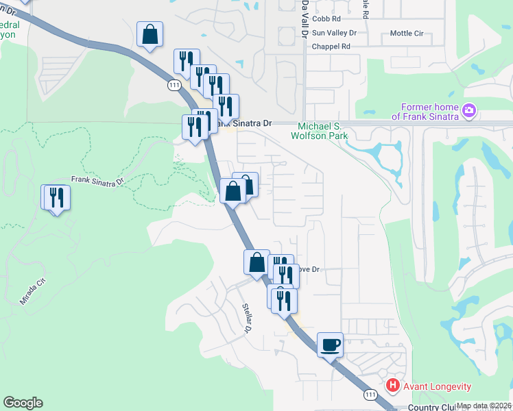 map of restaurants, bars, coffee shops, grocery stores, and more near 69850 California 111 in Rancho Mirage