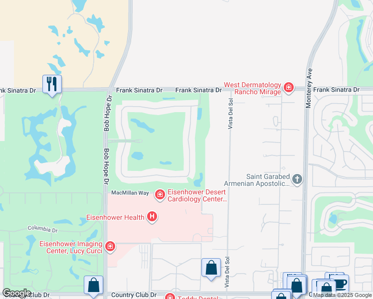 map of restaurants, bars, coffee shops, grocery stores, and more near 128 North Kavenish Drive in Rancho Mirage