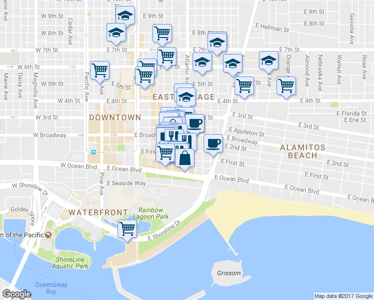 map of restaurants, bars, coffee shops, grocery stores, and more near  in Long Beach