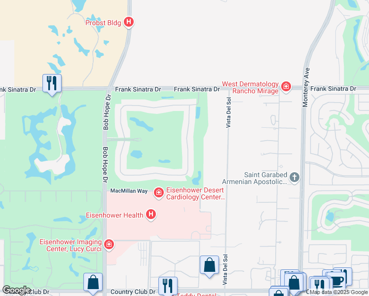 map of restaurants, bars, coffee shops, grocery stores, and more near 130 North Kavenish Drive in Rancho Mirage