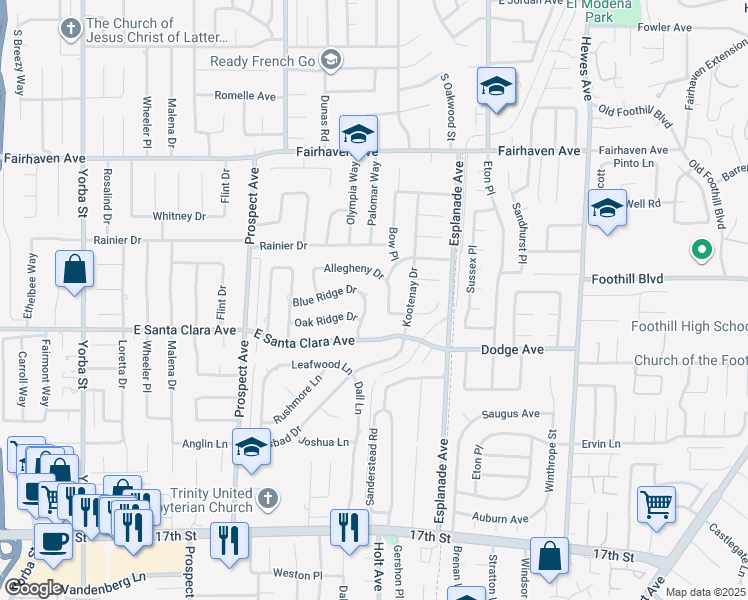 map of restaurants, bars, coffee shops, grocery stores, and more near 18193 Blue Ridge Drive in Santa Ana
