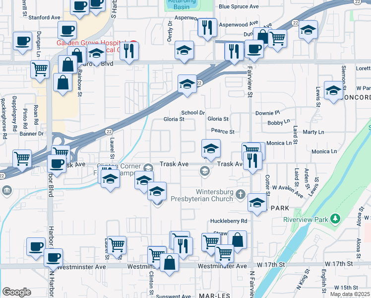 map of restaurants, bars, coffee shops, grocery stores, and more near 12651 Ranchero Way in Garden Grove