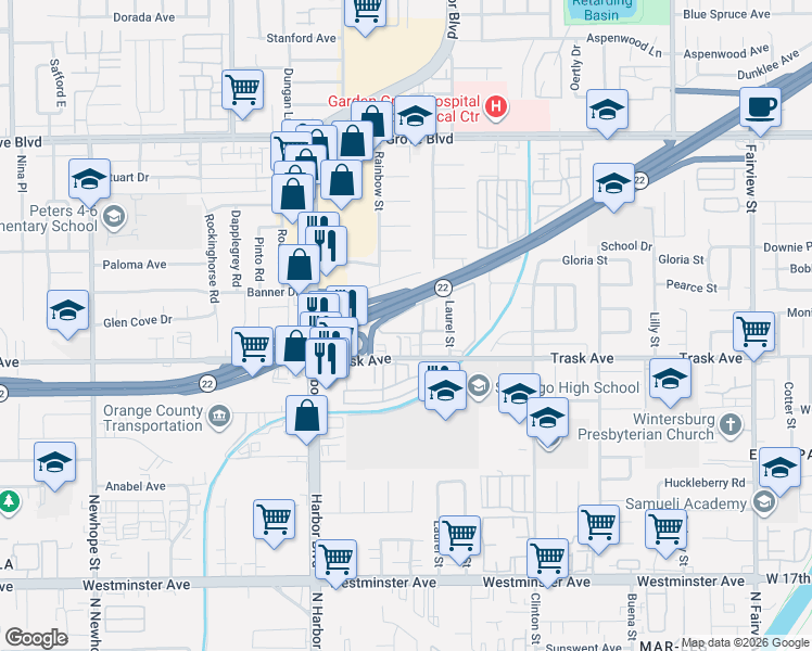 map of restaurants, bars, coffee shops, grocery stores, and more near 13471 Leda Lane in Garden Grove