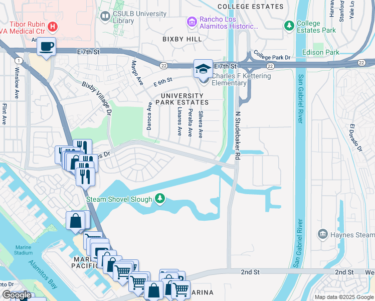 map of restaurants, bars, coffee shops, grocery stores, and more near 6264 East Vista Street in Long Beach