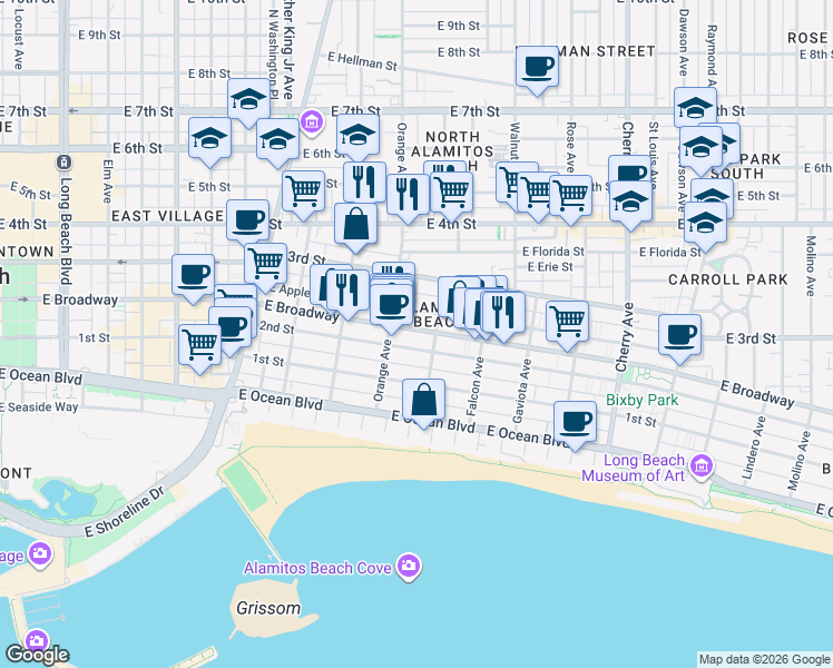 map of restaurants, bars, coffee shops, grocery stores, and more near 1231 2nd Street in Long Beach