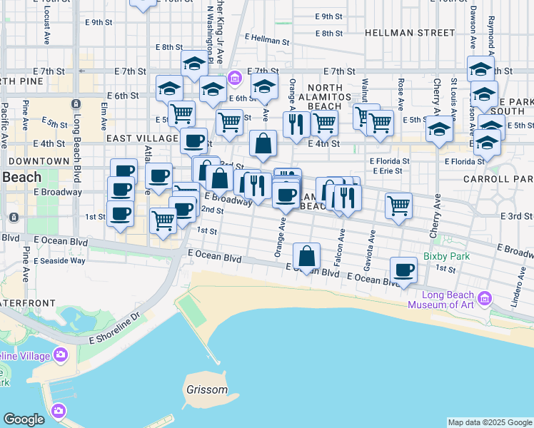 map of restaurants, bars, coffee shops, grocery stores, and more near 1149 2nd Street in Long Beach