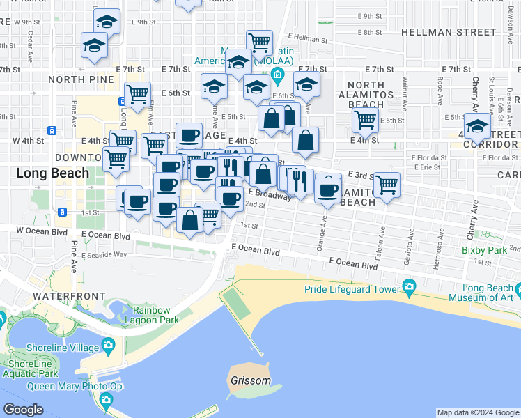 map of restaurants, bars, coffee shops, grocery stores, and more near in Long Beach