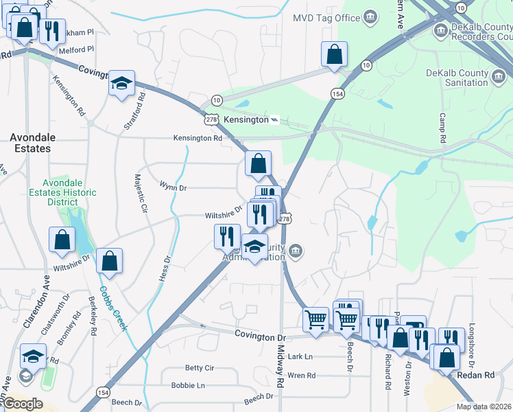 map of restaurants, bars, coffee shops, grocery stores, and more near 953 Nottingham Drive in Avondale Estates