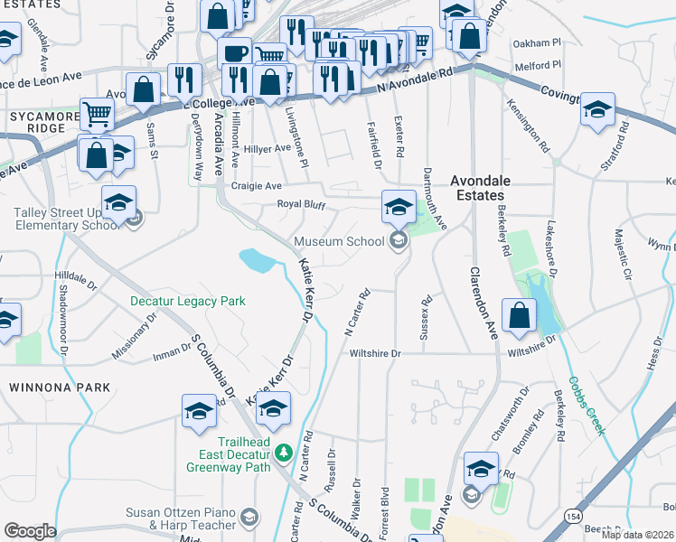 map of restaurants, bars, coffee shops, grocery stores, and more near 948 Ashbury Heights Court in Decatur