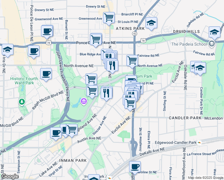 map of restaurants, bars, coffee shops, grocery stores, and more near 507 North Highland Avenue Northeast in Atlanta