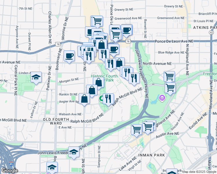 map of restaurants, bars, coffee shops, grocery stores, and more near Rankin Street Northeast in Atlanta