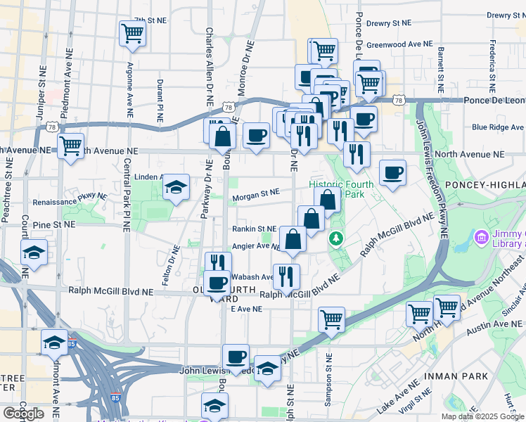 map of restaurants, bars, coffee shops, grocery stores, and more near 537 Winton Terrace Northeast in Atlanta